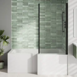 Emily Matt Black L Shaped Shower Bath Suite with Rimless Back to Wall Toilet & 1700mm Bath