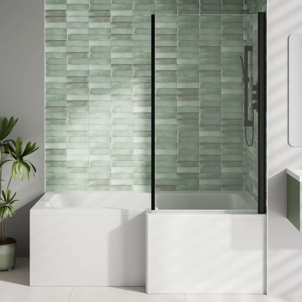 Emily Matt Black L Shaped Shower Bath Suite with Rimless Back to Wall Toilet & 1700mm Bath