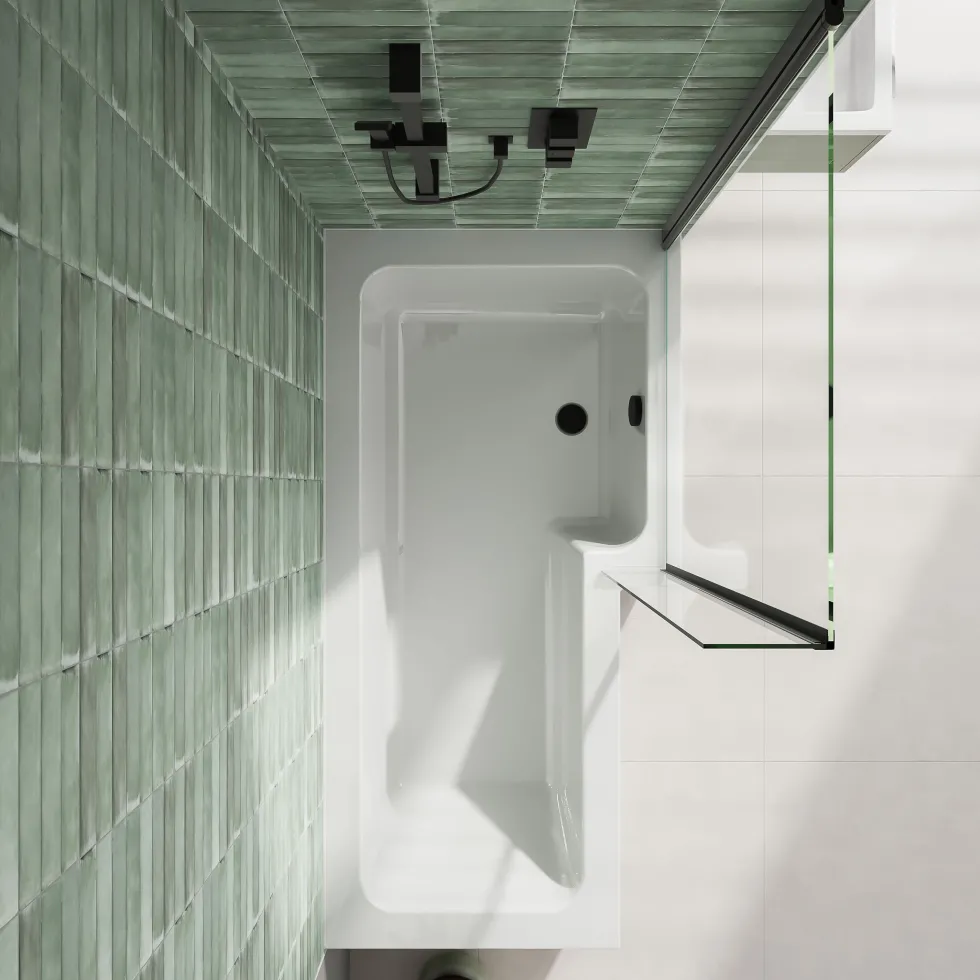 Emily Matt Black L Shaped Shower Bath Suite with Rimless Back to Wall Toilet & 1700mm Bath
