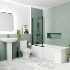 Emily Matt Black Shower Bath Suite with 1700mm L Shaped Bath & Rimless Toilet