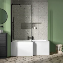 Emily Matt Black Shower Bath Suite with 1700mm L Shaped Bath & Rimless Toilet