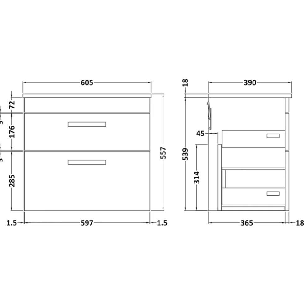 Emily 600mm Wall Mounted 2 Drawer Vanity Unit and Countertop