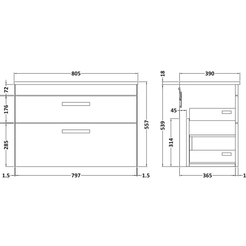 Emily 800mm Wall Mounted 2 Drawer Vanity Unit and Countertop