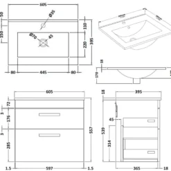 Emily 600mm Wall Mounted 2 Drawer Vanity Unit & Basin Options