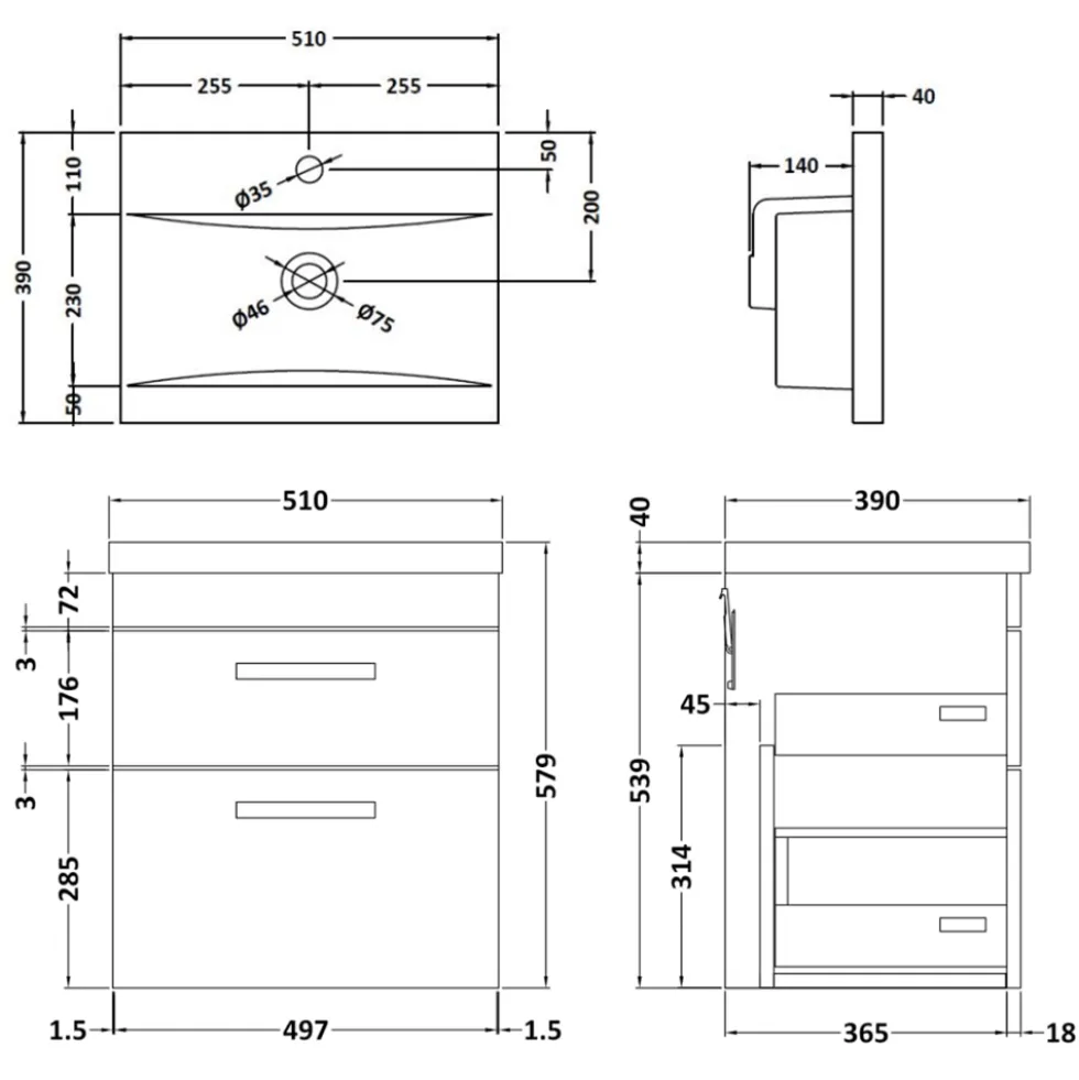 Emily 500mm Wall Mounted 2 Drawer Vanity Unit & Basin Options