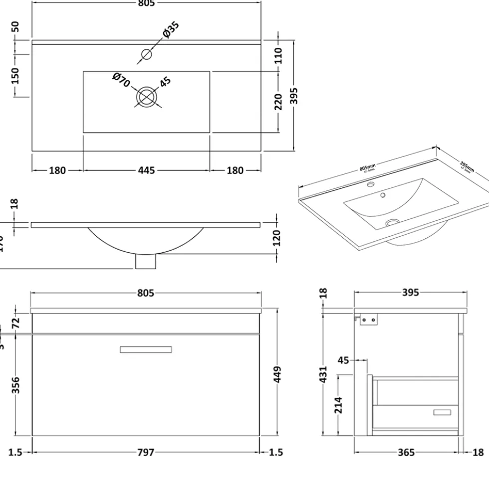Emily 800mm Wall Mounted 1 Drawer Vanity Unit & Basin Options