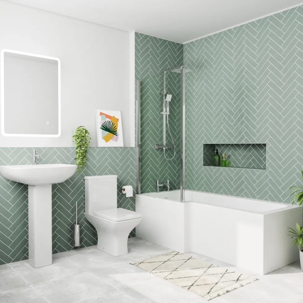 Emily Modern Shower Bath Suite with 1700mm L Shaped Bath & Rimless Toilet