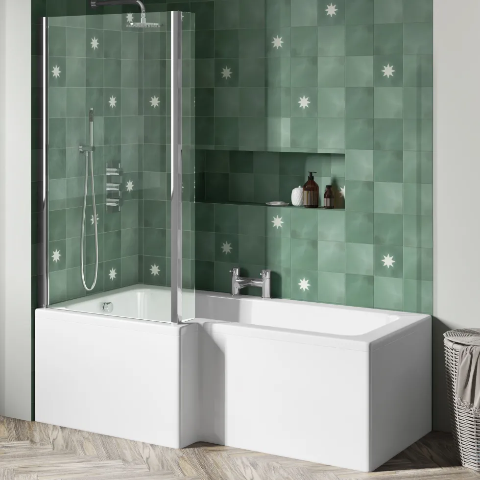 Emily Modern Shower Bath Suite with 1700mm L Shaped Bath & Rimless Toilet