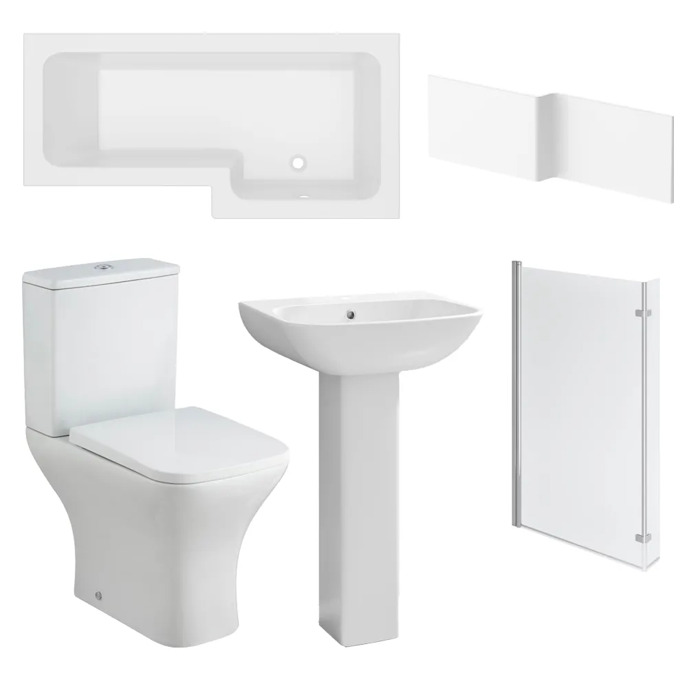 Emily Modern Shower Bath Suite with 1700mm L Shaped Bath & Rimless Toilet