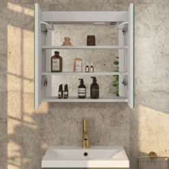 Erin Aluminium Double Door LED Bathroom Mirror Cabinet with Demister Pad & Shaver Socket - 600 x 600mm
