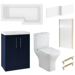 Erin Brushed Brass Shower Bath Suite with 1700mm L Shaped Bath & Rimless Toilet