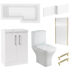 Erin Brushed Brass Shower Bath Suite with 1700mm L Shaped Bath & Rimless Toilet