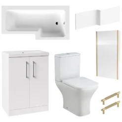 Erin Brushed Brass Shower Bath Suite with 1700mm L Shaped Bath & Rimless Toilet