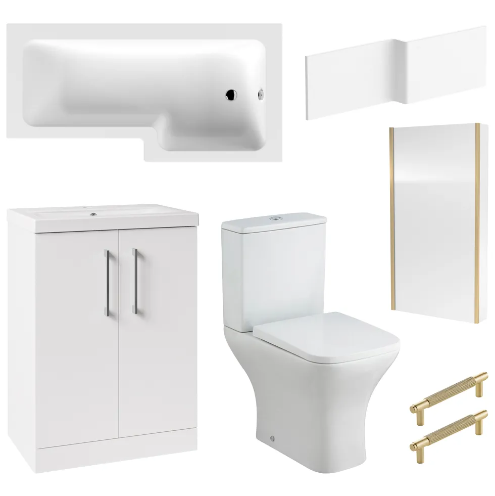 Erin Brushed Brass Shower Bath Suite with 1700mm L Shaped Bath & Rimless Toilet