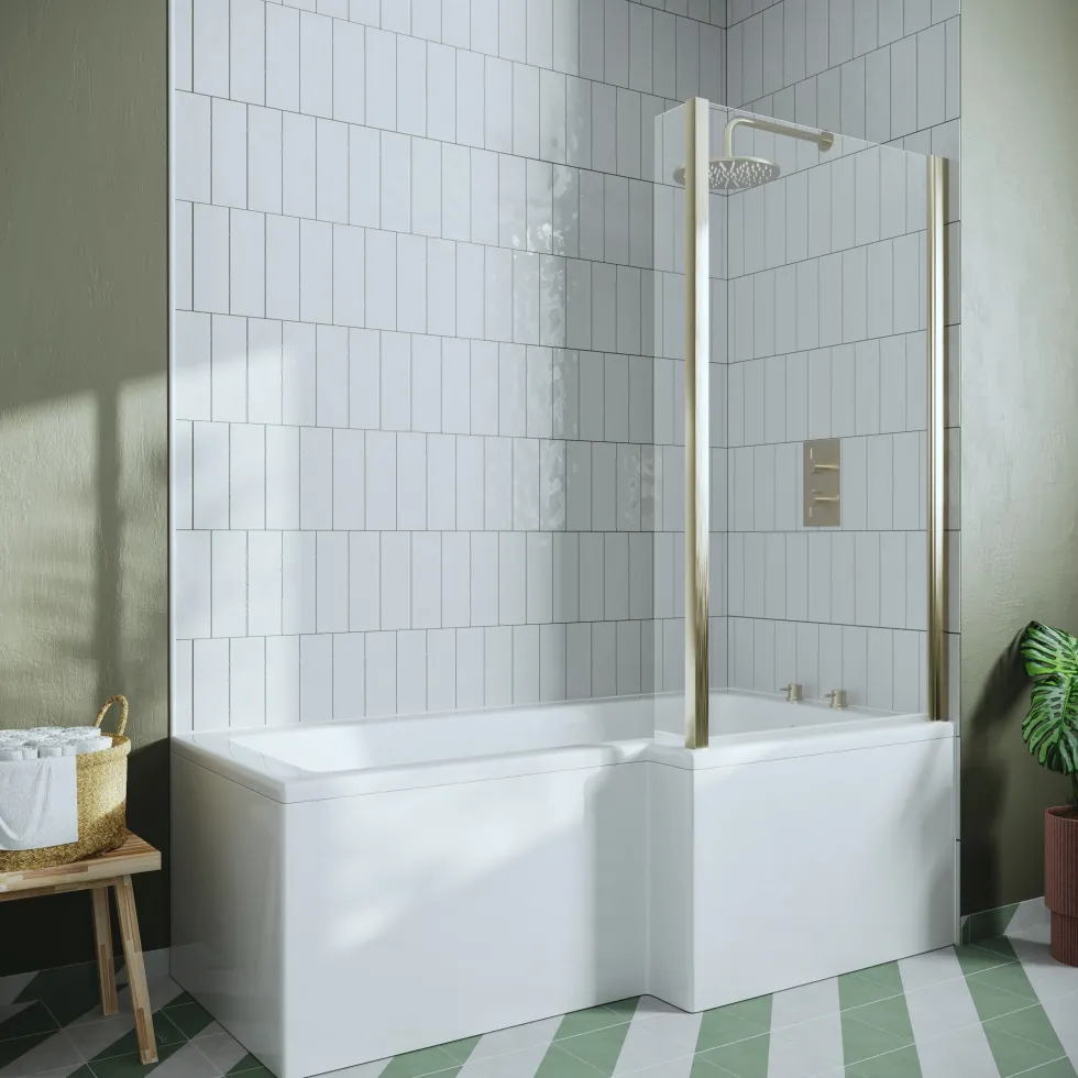 Erin Brushed Brass Shower Bath Suite with 1700mm L Shaped Bath & Rimless Toilet