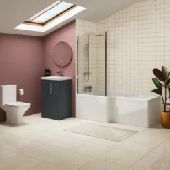 Erin Complete Bathroom Suite with 1700mm L Shaped Shower Bath & Rimless Toilet