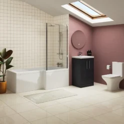 Erin Complete Bathroom Suite with 1700mm L Shaped Shower Bath & Rimless Toilet