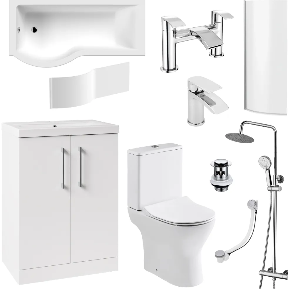 Erin Complete Bathroom Suite with 1700mm P Shaped Shower Bath & Rimless Toilet