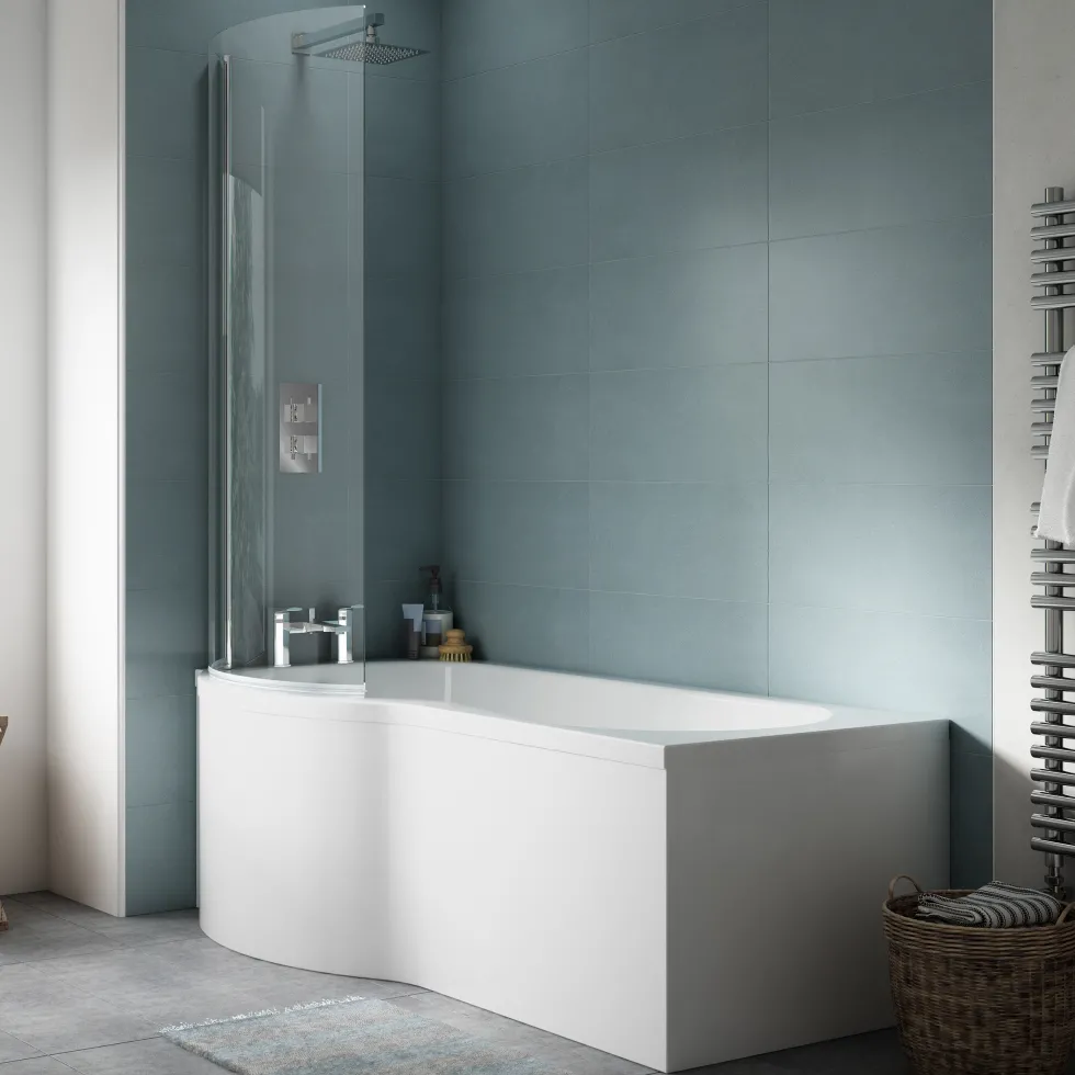 Erin Complete Bathroom Suite with 1700mm P Shaped Shower Bath & Rimless Toilet