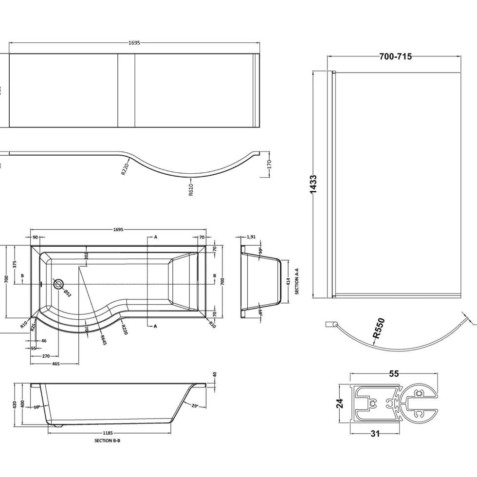 Erin Complete Bathroom Suite with 1700mm P Shaped Shower Bath & Rimless Toilet