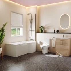 Erin Complete Bathroom Suite with 1700mm P Shaped Shower Bath & Rimless Toilet