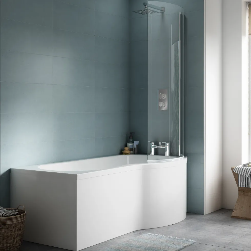 Erin Complete Bathroom Suite with 1700mm P Shaped Shower Bath & Rimless Toilet