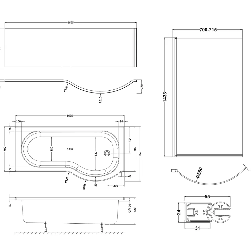 Erin Complete Bathroom Suite with 1700mm P Shaped Shower Bath & Rimless Toilet