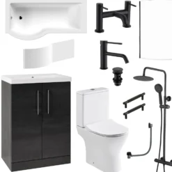 Erin Complete Matt Black Bathroom Suite with 1700mm P Shaped Shower Bath & Rimless Toilet