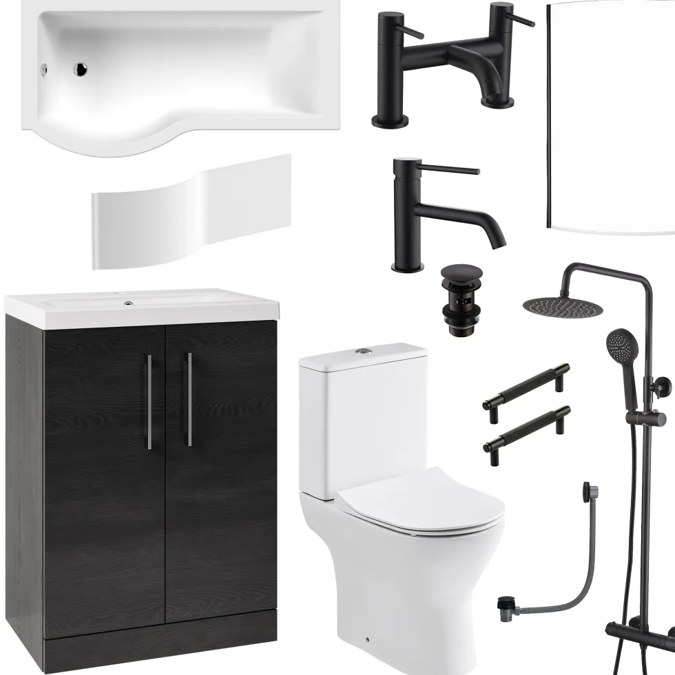 Erin Complete Matt Black Bathroom Suite with 1700mm P Shaped Shower Bath & Rimless Toilet