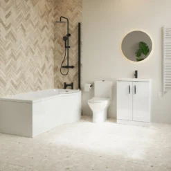 Erin Complete Matt Black Bathroom Suite with 1700mm P Shaped Shower Bath & Rimless Toilet