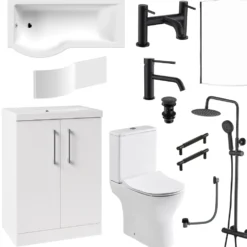 Erin Complete Matt Black Bathroom Suite with 1700mm P Shaped Shower Bath & Rimless Toilet