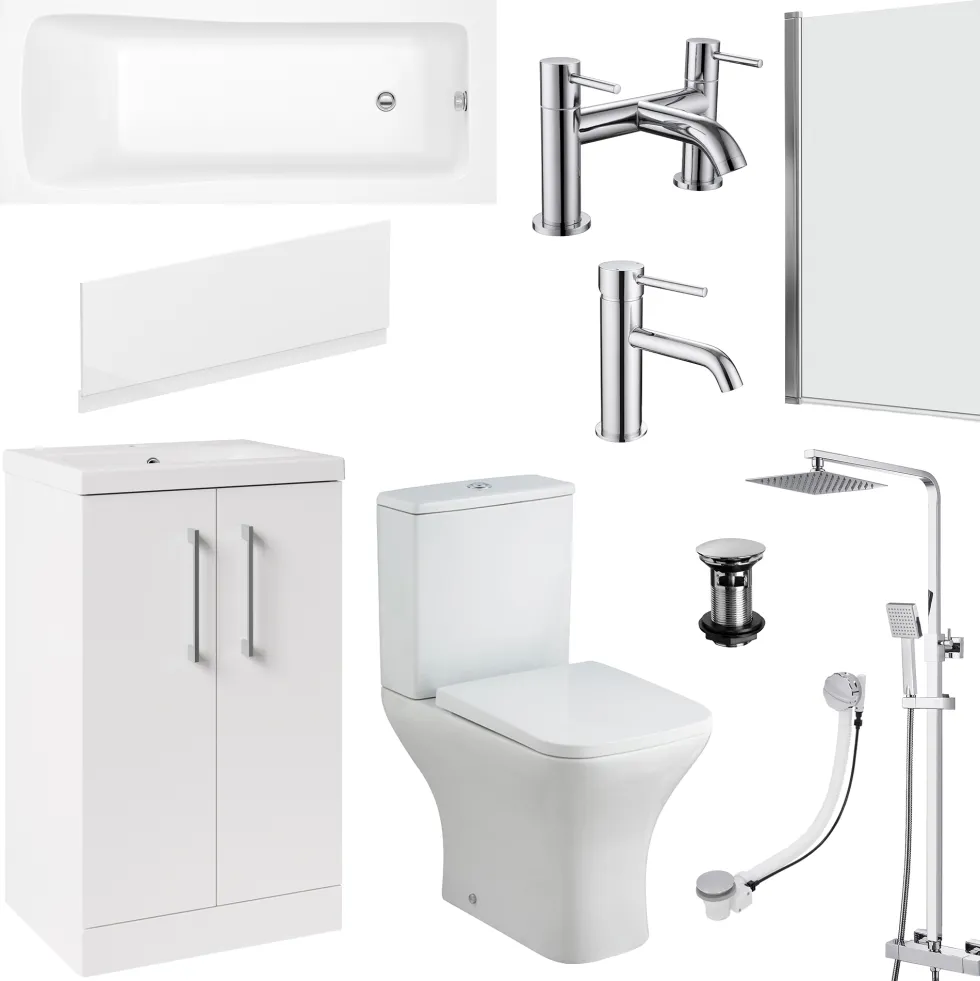 Erin Complete Modern Bathroom Suite with 1700mm Shower Bath & Rimless Toilet