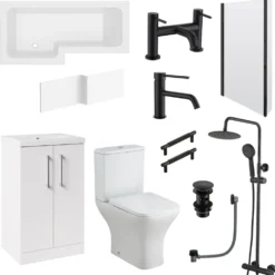 Erin Complete Modern Matt Black Bathroom Suite with 1700mm L Shaped Shower Bath & Rimless Toilet