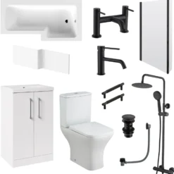 Erin Complete Modern Matt Black Bathroom Suite with 1700mm L Shaped Shower Bath & Rimless Toilet