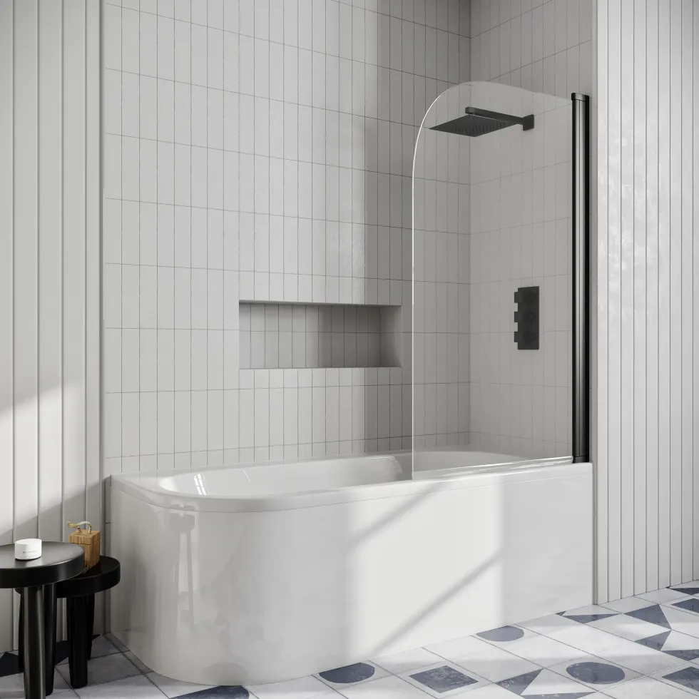 Erin Matt Black Shower Bath Suite with 1700mm J Shaped Bath & Rimless Toilet