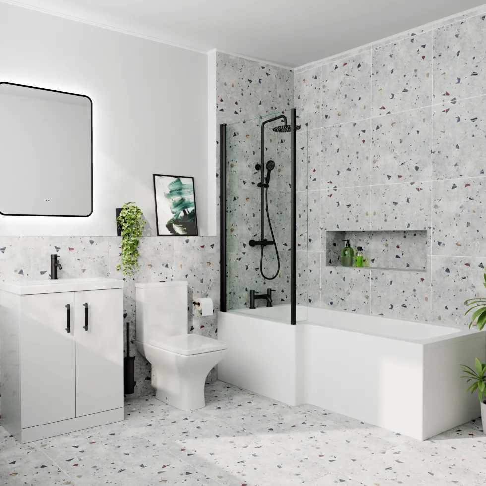 Erin Matt Black Shower Bath Suite with 1700mm L Shaped Bath & Rimless Toilet