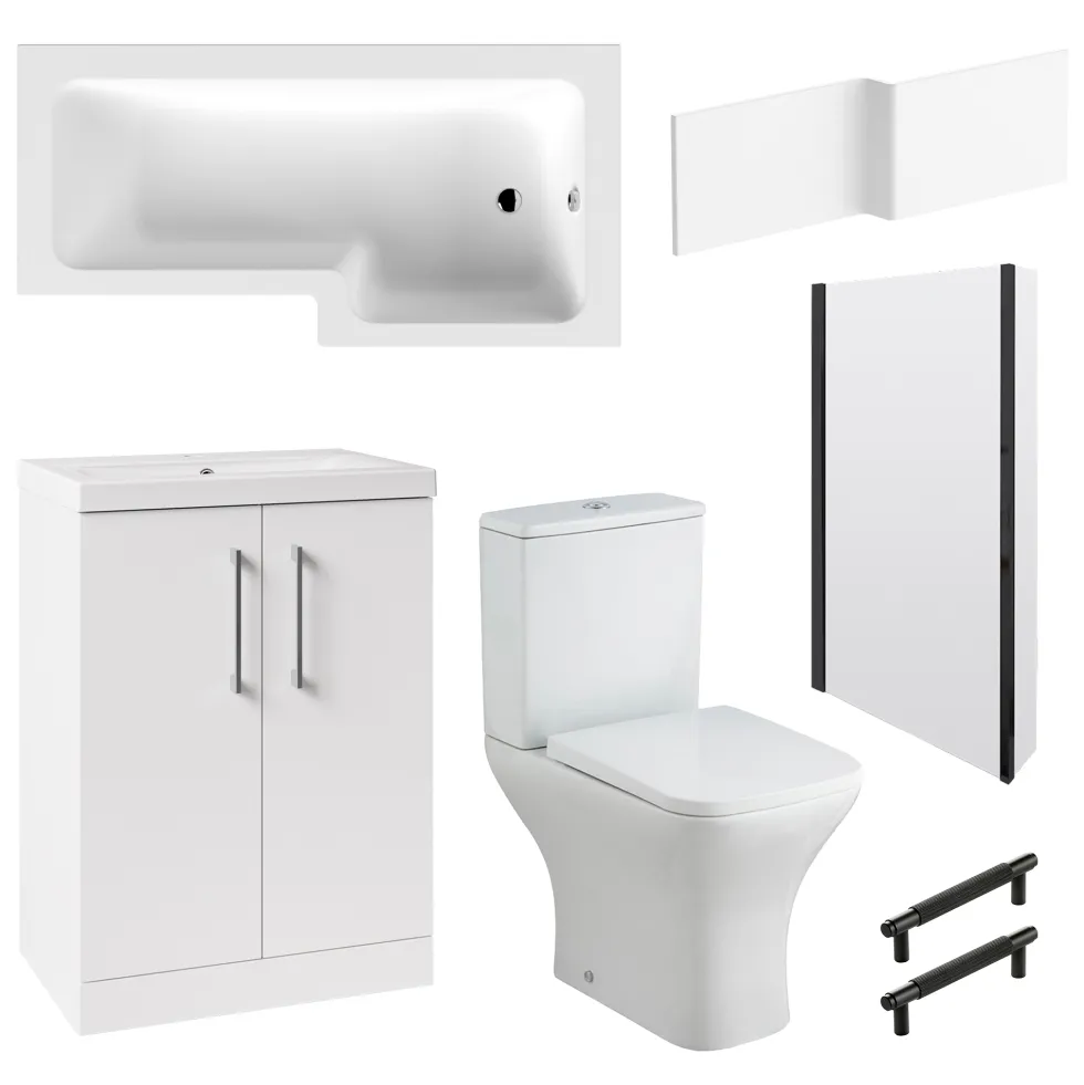 Erin Matt Black Shower Bath Suite with 1700mm L Shaped Bath & Rimless Toilet