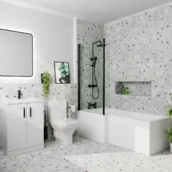Erin Matt Black Shower Bath Suite with 1700mm L Shaped Bath & Rimless Toilet