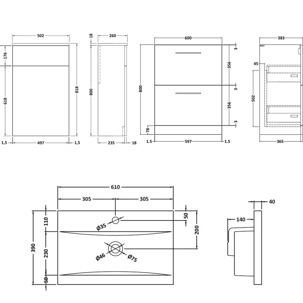 Erin 1100mm 2 Drawer Combination Basin & Toilet Unit