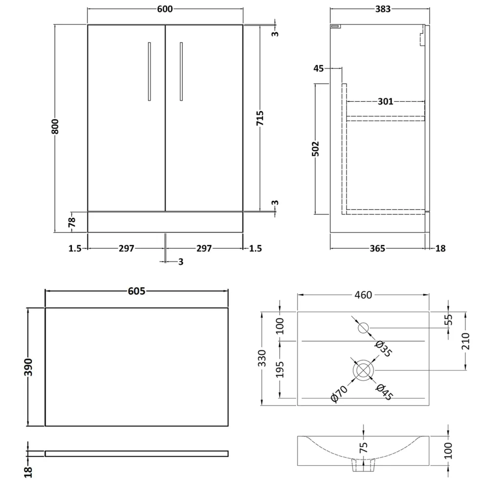Erin 600mm Floorstanding 2 Door Vanity Unit & Countertop