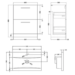 Erin 600mm Floorstanding 2 Drawer Vanity Unit & Basin