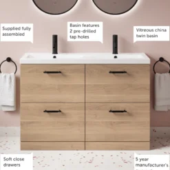 Erin 1200mm Floorstanding 4 Drawer Vanity Unit & Double Basin