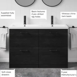 Erin 1200mm Floorstanding 4 Drawer Vanity Unit & Double Basin