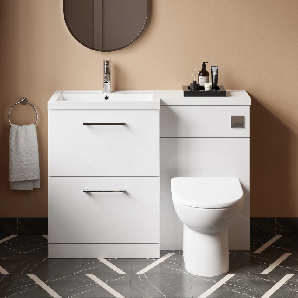 Erin 1100mm Gloss White Combination Bathroom 2 Drawer Sink & Toilet Unit