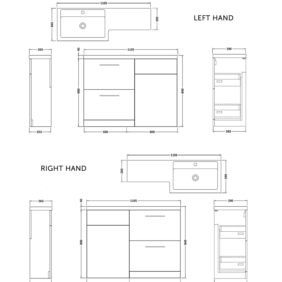 Erin 1100mm Gloss White Combination Bathroom 2 Drawer Sink & Toilet Unit