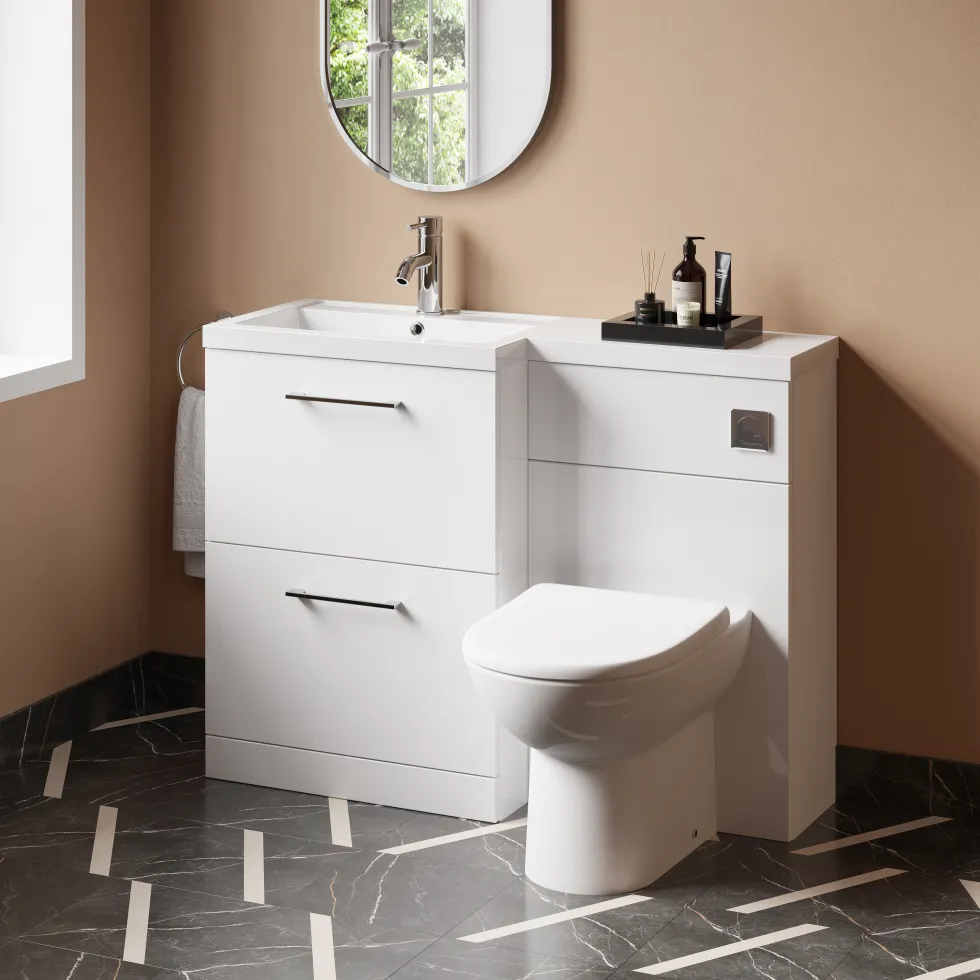 Erin 1100mm Gloss White Combination Bathroom 2 Drawer Sink & Toilet Unit