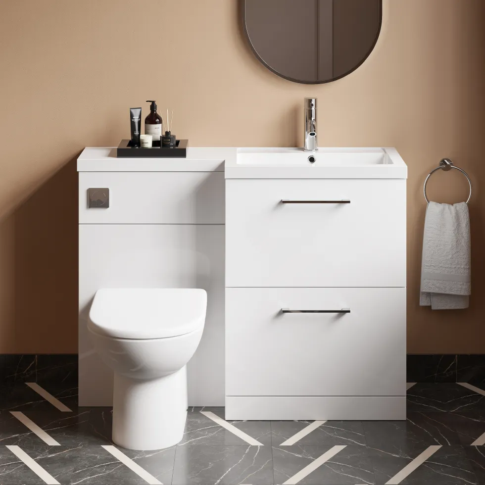 Erin 1100mm Gloss White Combination Bathroom 2 Drawer Sink & Toilet Unit