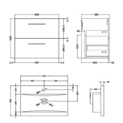 Erin 600mm Wall Mounted 2 Drawer Vanity Unit & Basin