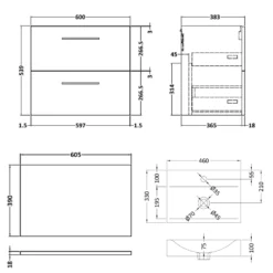 Erin 600mm Wall Mounted 2 Drawer Vanity Unit & Countertop