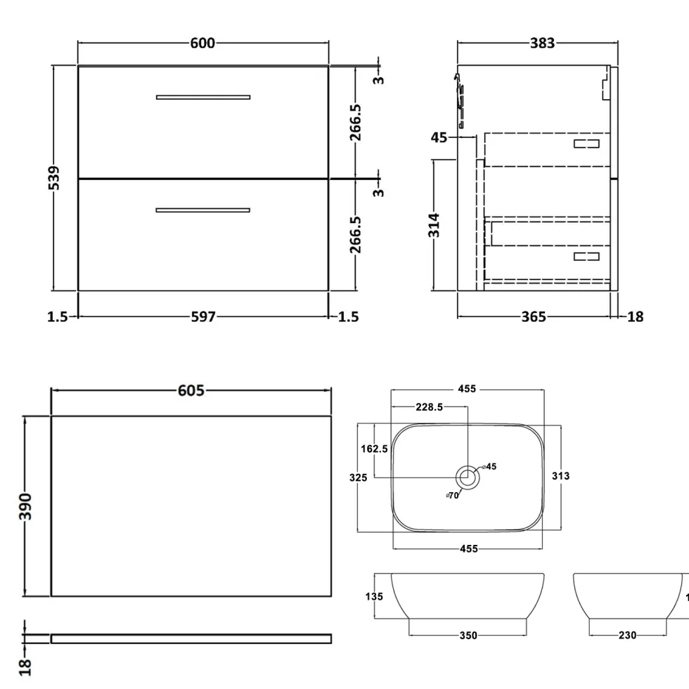 Erin 600mm Wall Mounted 2 Drawer Vanity Unit & Countertop